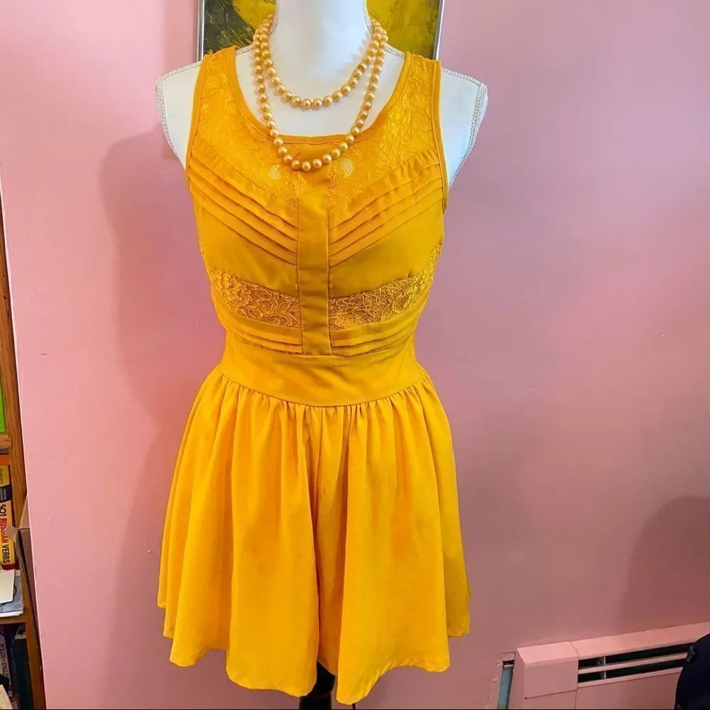 Hollywould Goldenrod Flowy Lace Wasp Waist Romper